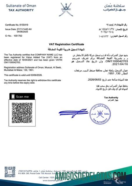 Certificado de registro de IVA de Omã para impressão, modelo Word e PDF